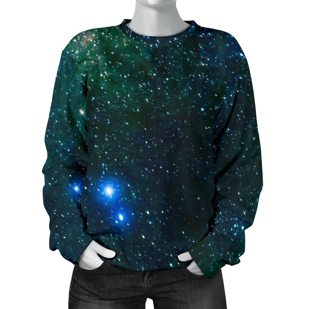 Dark Green Galaxy Space Print Women's Crewneck Sweatshirt GearFrost