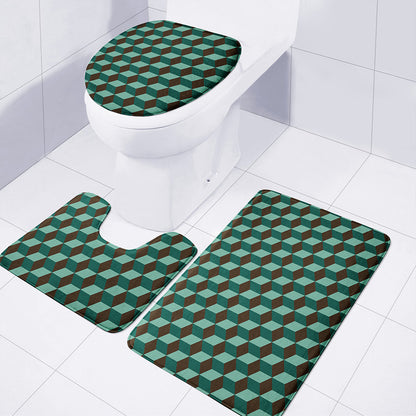 Dark Green Geometric Cube Pattern Print 3 Piece Bath Mat Set