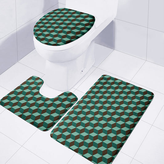 Dark Green Geometric Cube Pattern Print 3 Piece Bath Mat Set