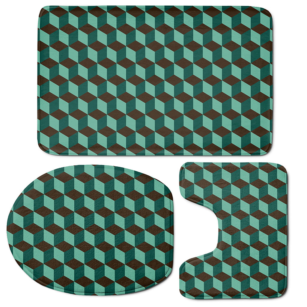Dark Green Geometric Cube Pattern Print 3 Piece Bath Mat Set