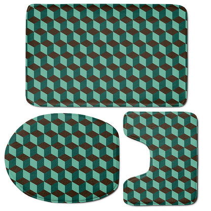 Dark Green Geometric Cube Pattern Print 3 Piece Bath Mat Set