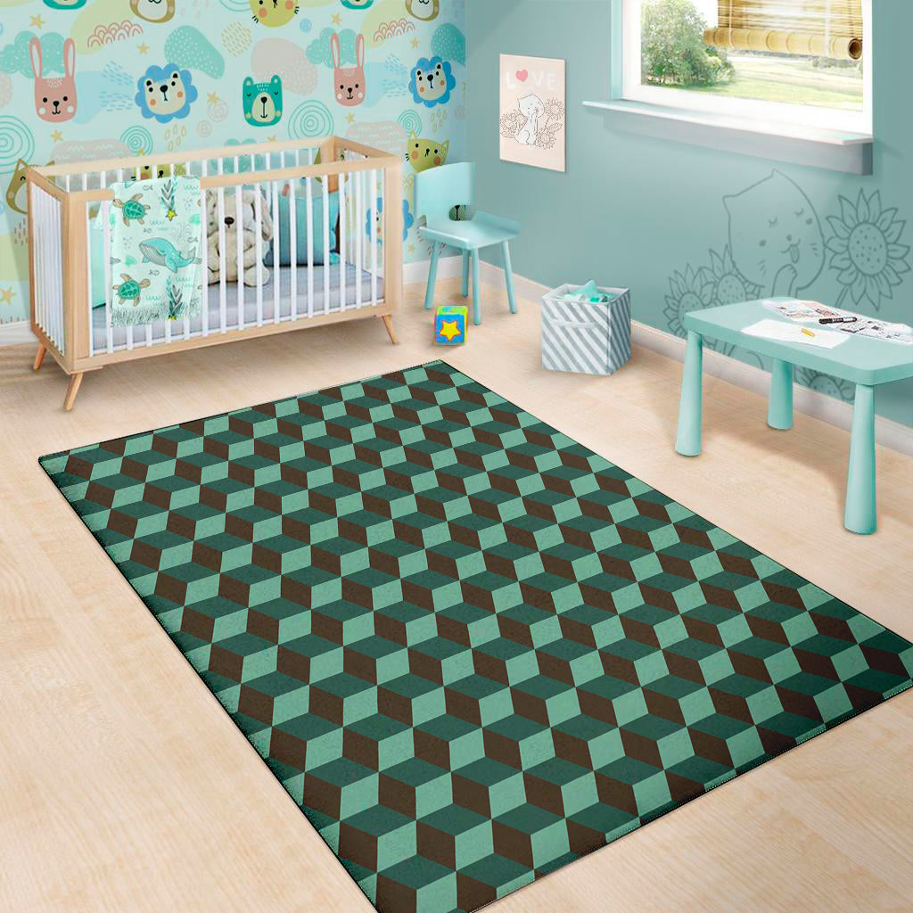 Dark Green Geometric Cube Pattern Print Area Rug