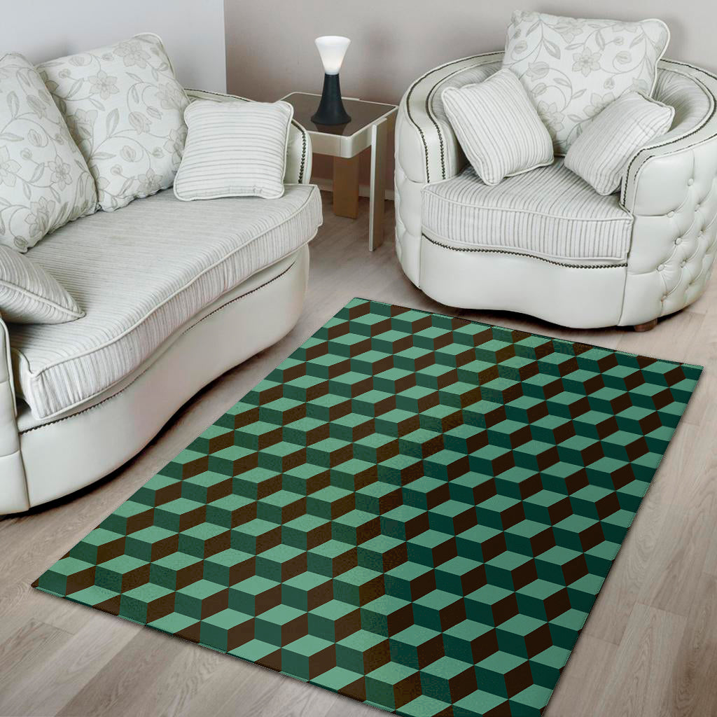 Dark Green Geometric Cube Pattern Print Area Rug