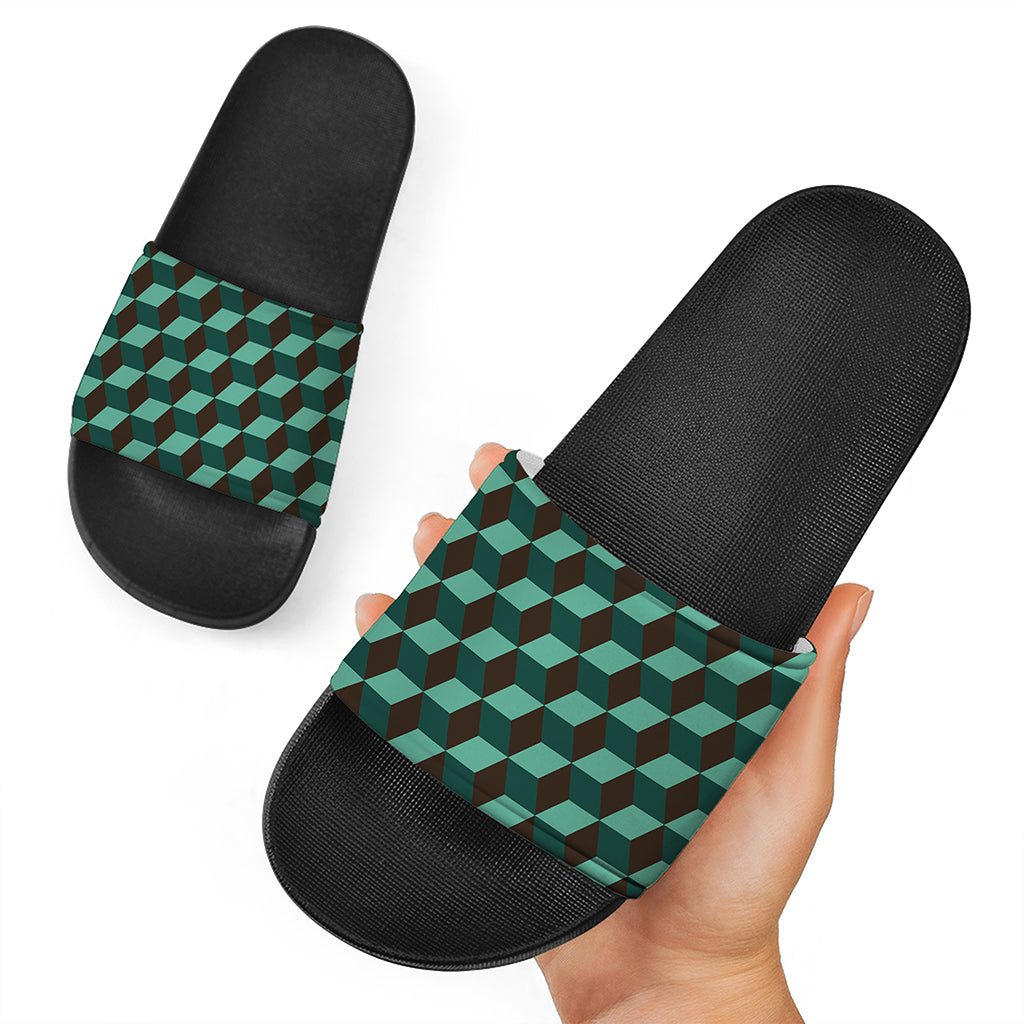 Dark Green Geometric Cube Pattern Print Black Slide Sandals
