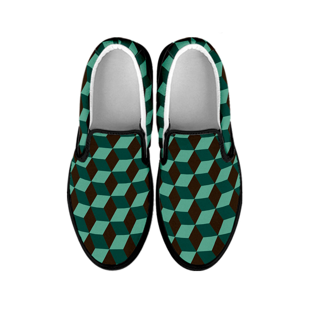 Dark Green Geometric Cube Pattern Print Black Slip On Shoes