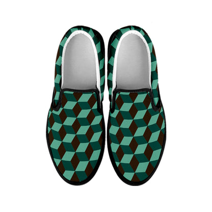 Dark Green Geometric Cube Pattern Print Black Slip On Shoes