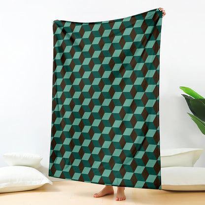 Dark Green Geometric Cube Pattern Print Blanket