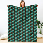 Dark Green Geometric Cube Pattern Print Blanket