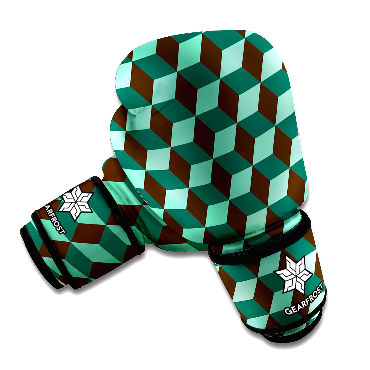 Dark Green Geometric Cube Pattern Print Boxing Gloves
