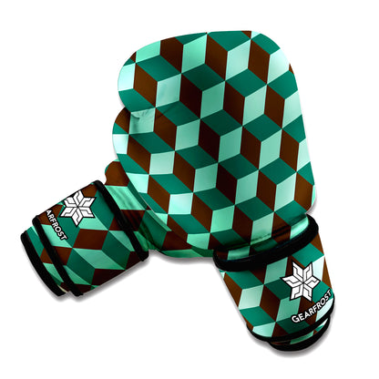 Dark Green Geometric Cube Pattern Print Boxing Gloves