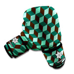 Dark Green Geometric Cube Pattern Print Boxing Gloves