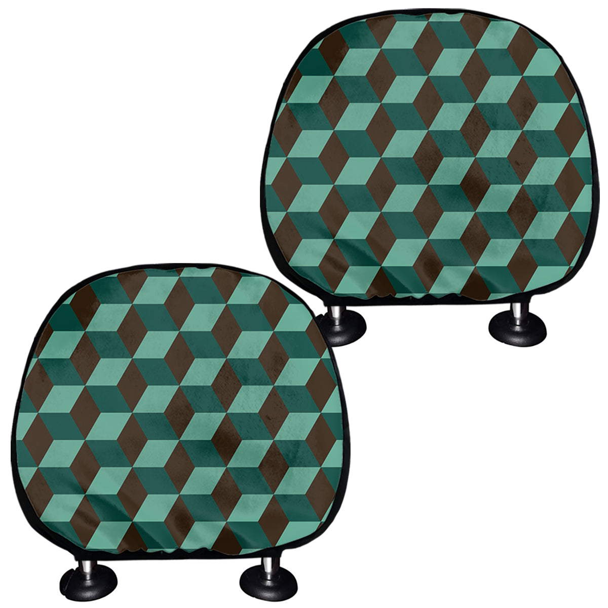 Dark Green Geometric Cube Pattern Print Car Headrest Covers