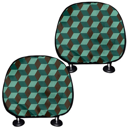 Dark Green Geometric Cube Pattern Print Car Headrest Covers