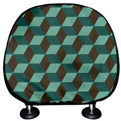 Dark Green Geometric Cube Pattern Print Car Headrest Covers