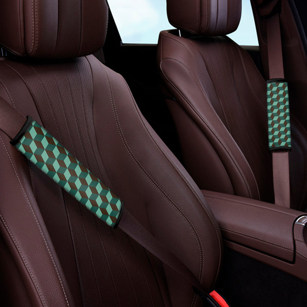 Dark Green Geometric Cube Pattern Print Car Seat Belt Covers