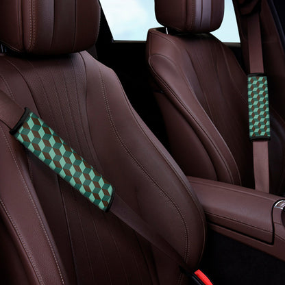 Dark Green Geometric Cube Pattern Print Car Seat Belt Covers