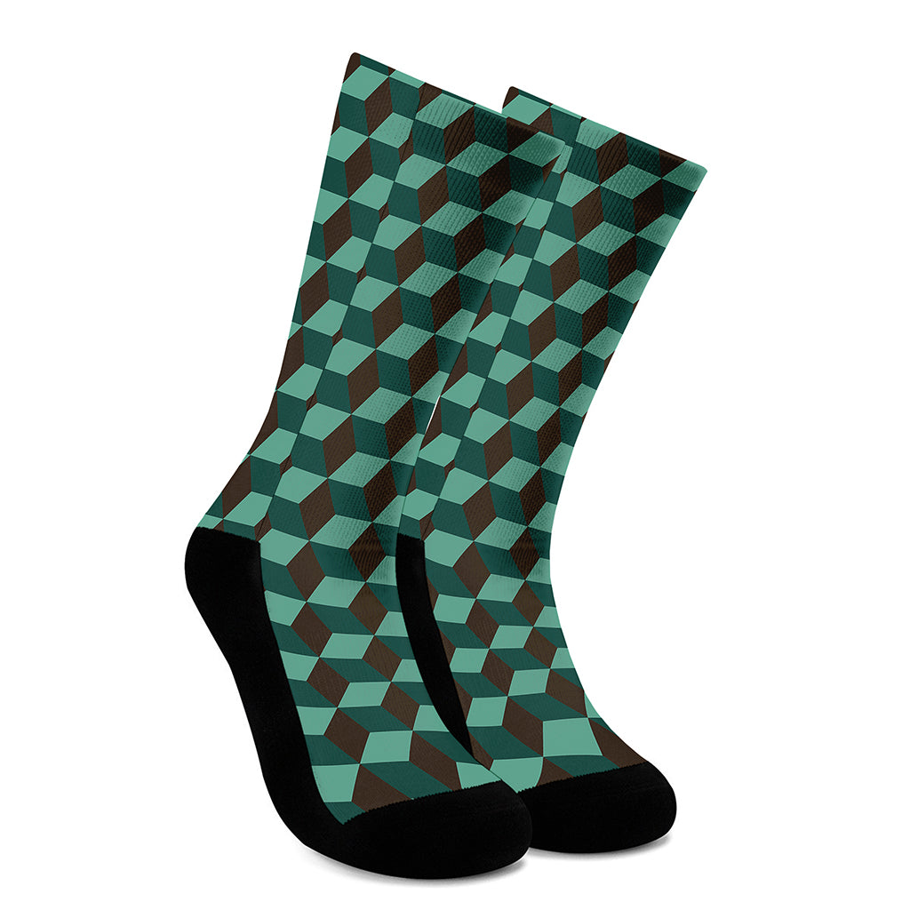 Dark Green Geometric Cube Pattern Print Crew Socks