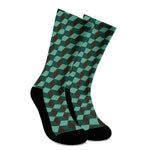 Dark Green Geometric Cube Pattern Print Crew Socks