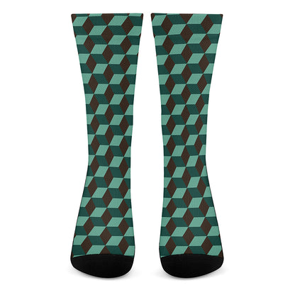 Dark Green Geometric Cube Pattern Print Crew Socks