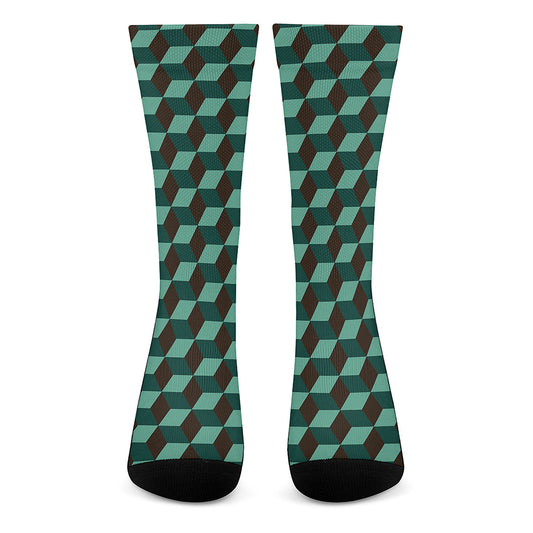 Dark Green Geometric Cube Pattern Print Crew Socks