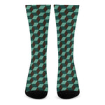 Dark Green Geometric Cube Pattern Print Crew Socks