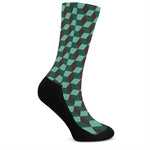 Dark Green Geometric Cube Pattern Print Crew Socks