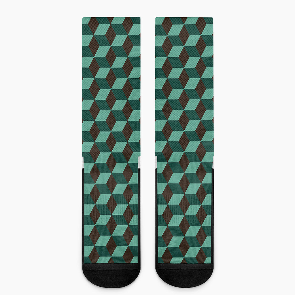 Dark Green Geometric Cube Pattern Print Crew Socks