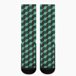 Dark Green Geometric Cube Pattern Print Crew Socks