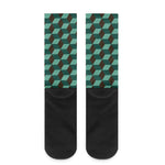 Dark Green Geometric Cube Pattern Print Crew Socks