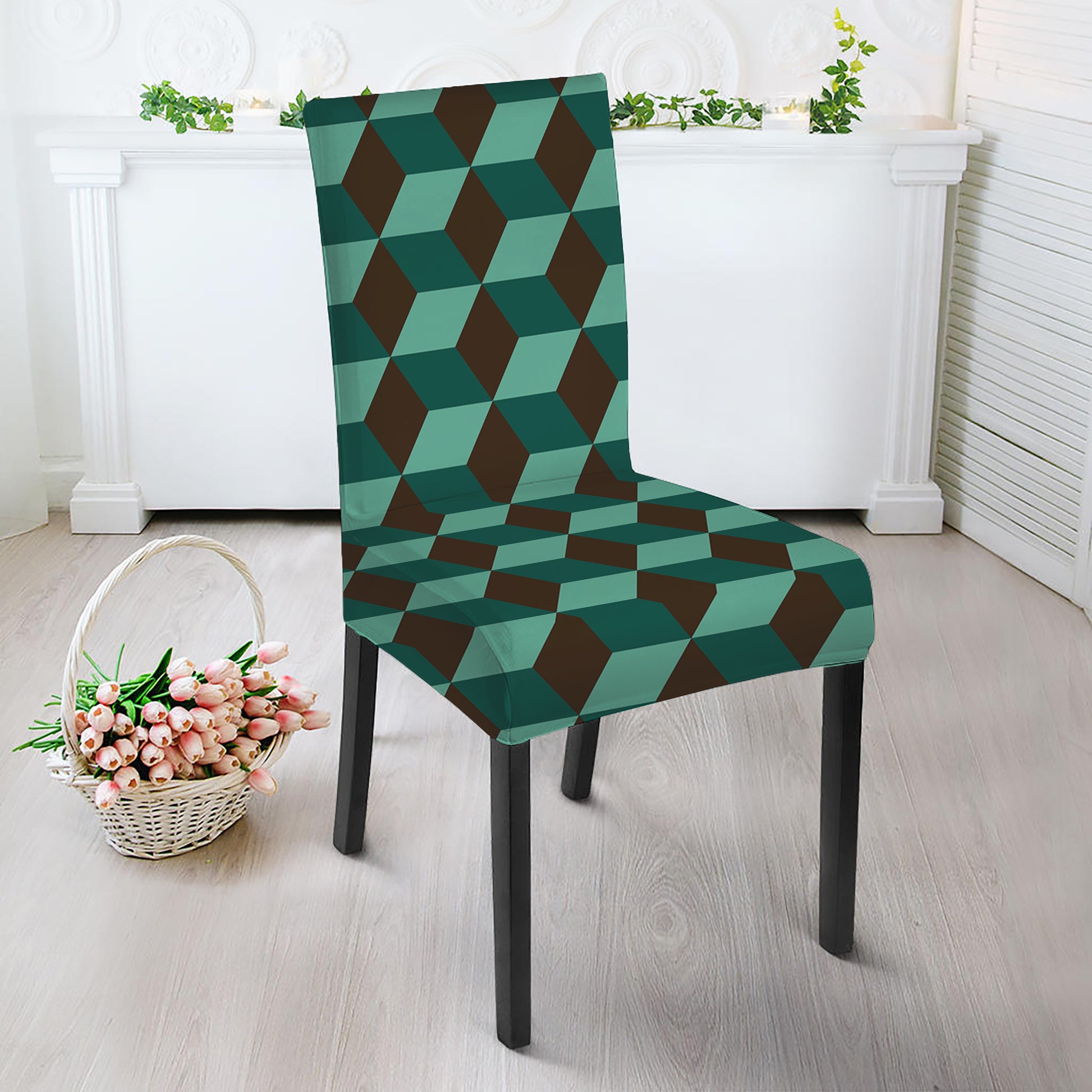 Dark Green Geometric Cube Pattern Print Dining Chair Slipcover