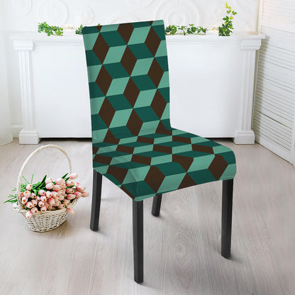 Dark Green Geometric Cube Pattern Print Dining Chair Slipcover