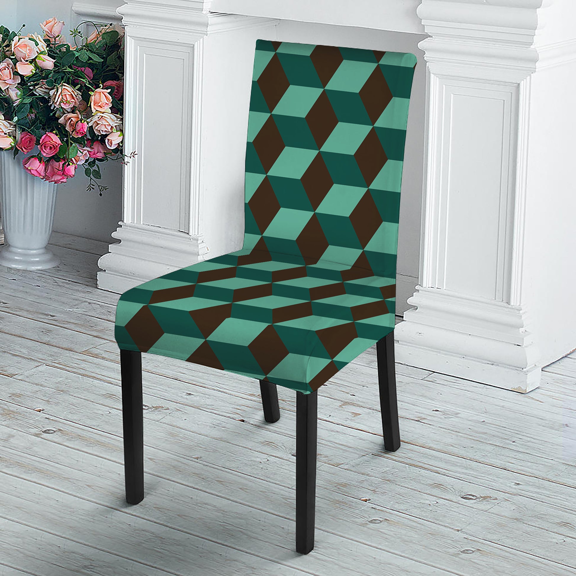 Dark Green Geometric Cube Pattern Print Dining Chair Slipcover