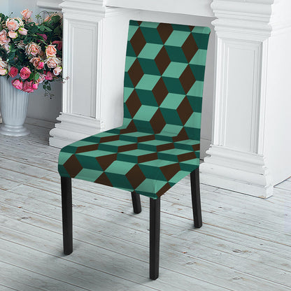 Dark Green Geometric Cube Pattern Print Dining Chair Slipcover