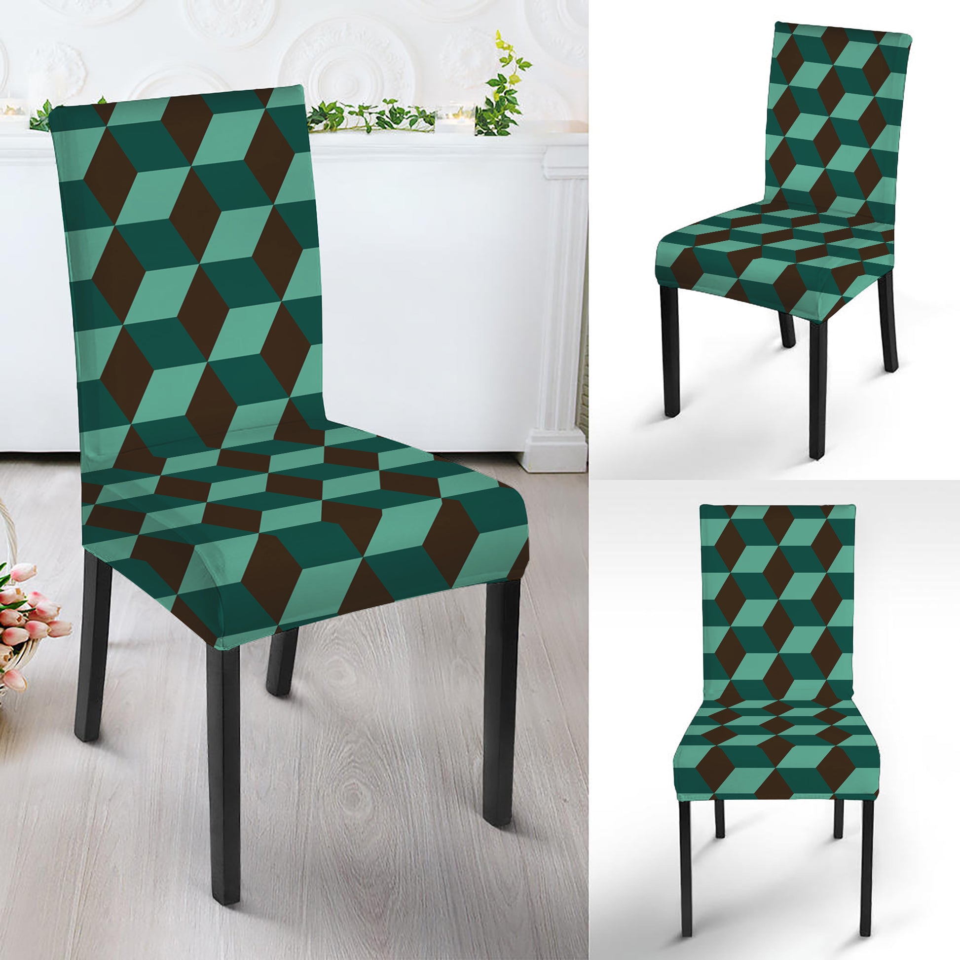 Dark Green Geometric Cube Pattern Print Dining Chair Slipcover
