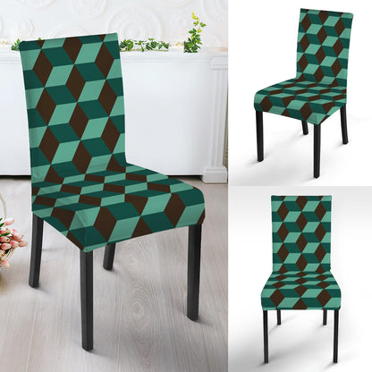 Dark Green Geometric Cube Pattern Print Dining Chair Slipcover