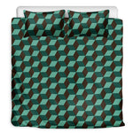 Dark Green Geometric Cube Pattern Print Duvet Cover Bedding Set