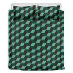 Dark Green Geometric Cube Pattern Print Duvet Cover Bedding Set