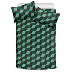 Dark Green Geometric Cube Pattern Print Duvet Cover Bedding Set