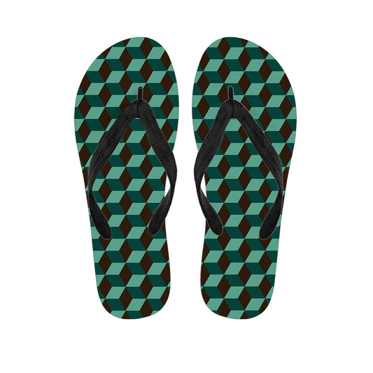 Dark Green Geometric Cube Pattern Print Flip Flops
