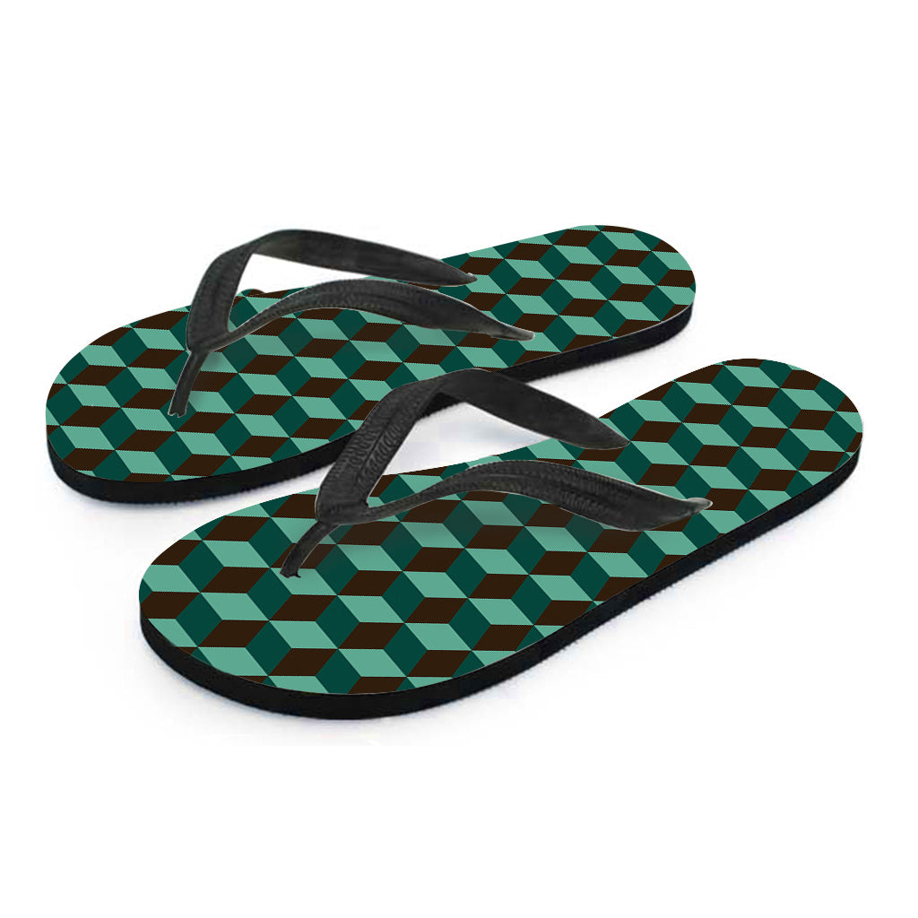 Dark Green Geometric Cube Pattern Print Flip Flops