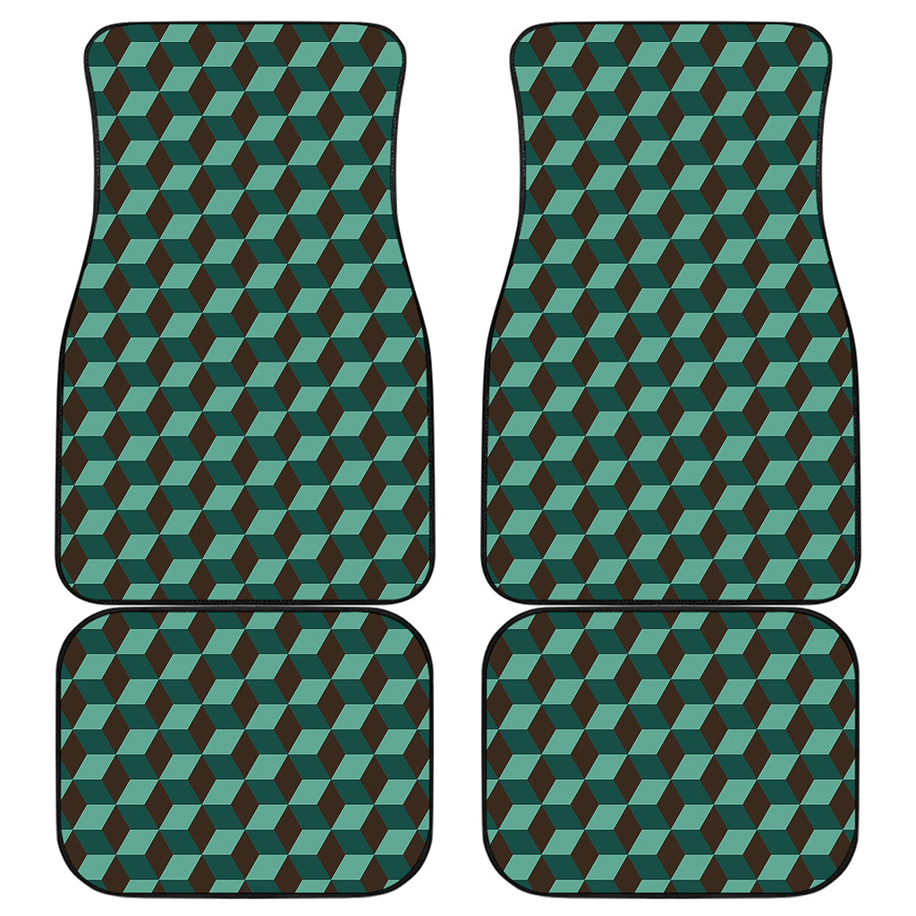Dark Green Geometric Cube Pattern Print Front and Back Car Floor Mats