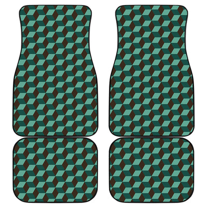 Dark Green Geometric Cube Pattern Print Front and Back Car Floor Mats