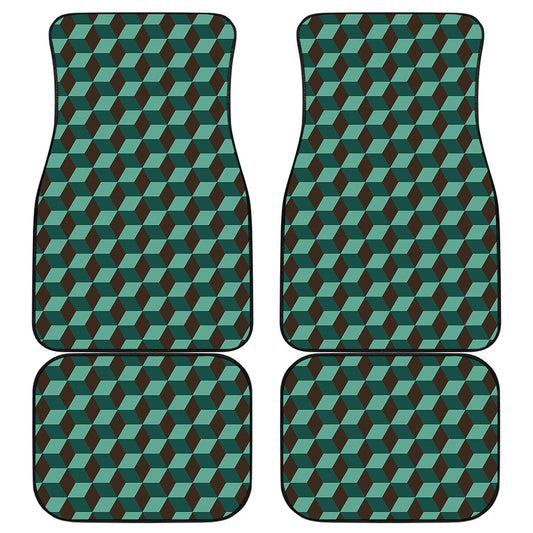 Dark Green Geometric Cube Pattern Print Front and Back Car Floor Mats