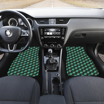 Dark Green Geometric Cube Pattern Print Front and Back Car Floor Mats