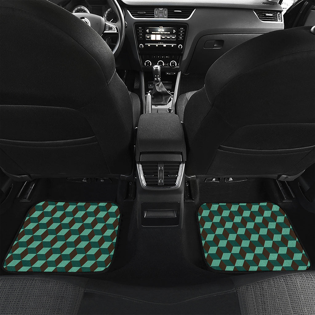 Dark Green Geometric Cube Pattern Print Front and Back Car Floor Mats