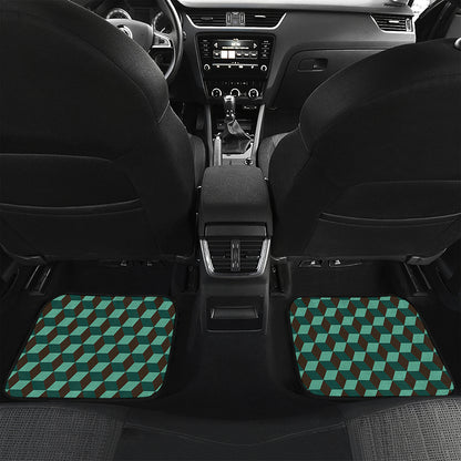 Dark Green Geometric Cube Pattern Print Front and Back Car Floor Mats