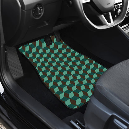 Dark Green Geometric Cube Pattern Print Front and Back Car Floor Mats