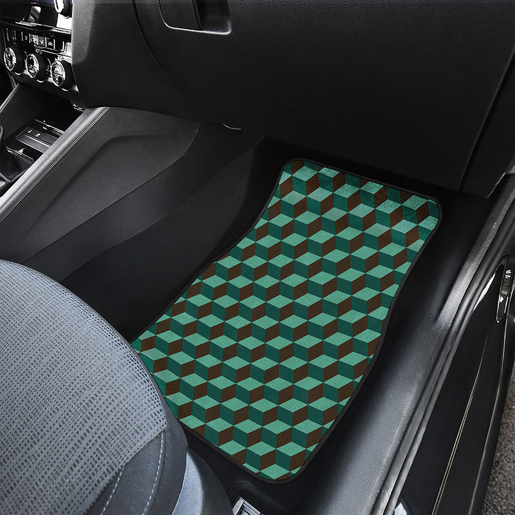 Dark Green Geometric Cube Pattern Print Front and Back Car Floor Mats