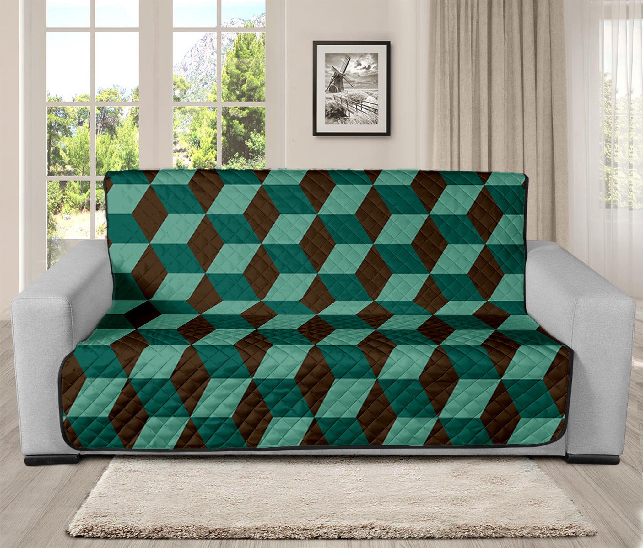 Dark Green Geometric Cube Pattern Print Futon Protector