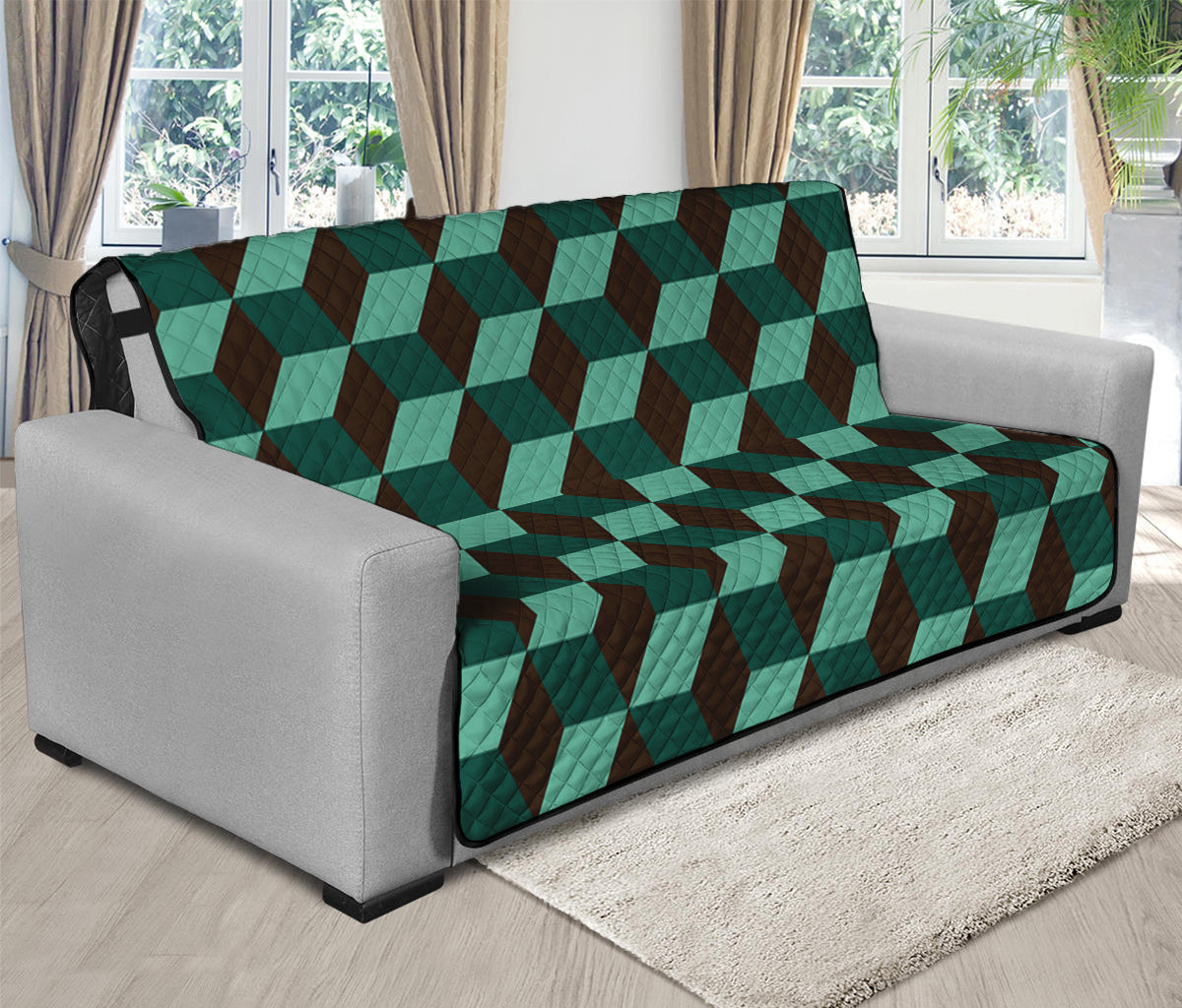 Dark Green Geometric Cube Pattern Print Futon Protector